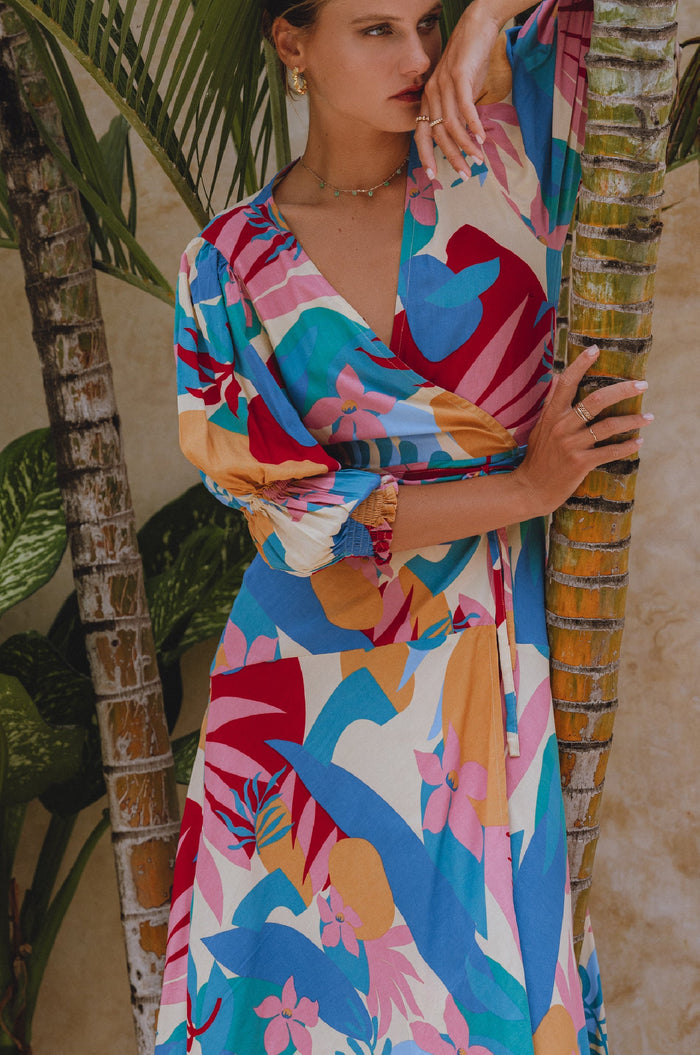 Set Sail Puff Sleeve Wrap Cotton Dress (Sale)