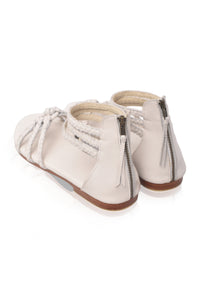 White braided leather sandals with back zip on a white background — handmade by Bali ELF