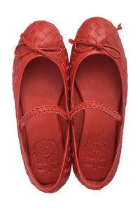 A pair of red leather ballet flats with a woven basket-style toe and a thin braided strap across the instep, shown from a top-down view on a white background.