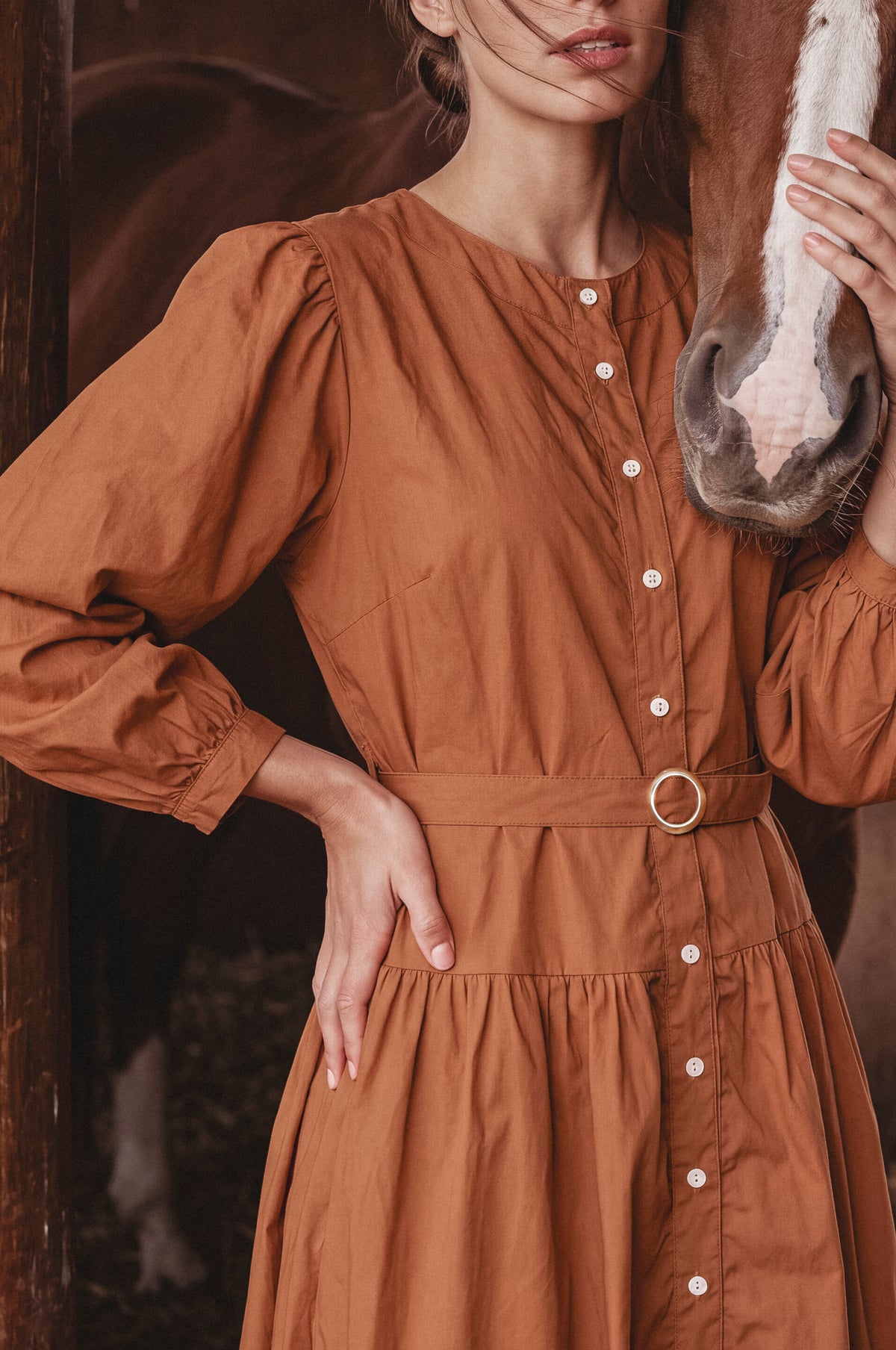 Arbelle Belted Cotton Button-Front Midi Dress
