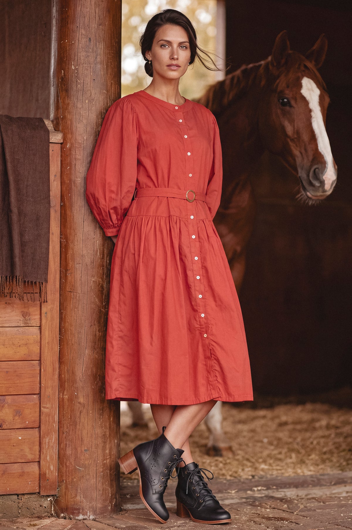 Arbelle Belted Cotton Button-Front Midi Dress