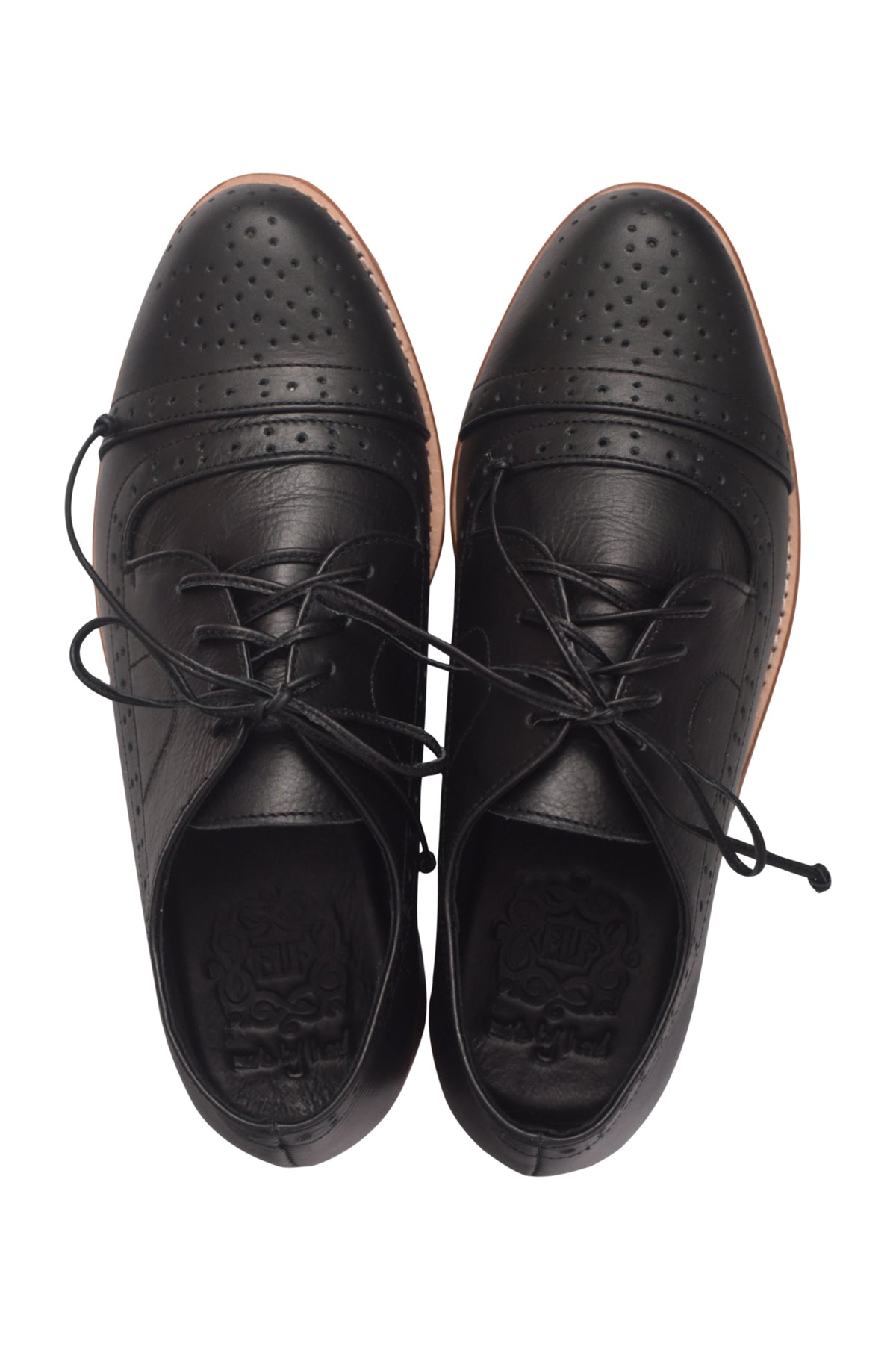 A pair of black leather lace-up oxford shoes with decorative perforated detailing on the toe caps, shown from a top-down view on a white background.