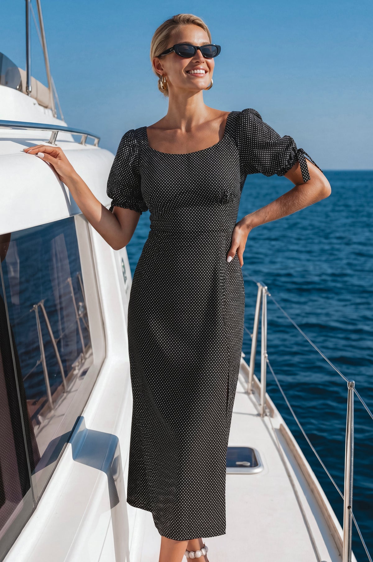 Woman in a black dress standing on a boat with blue water and sky in the background