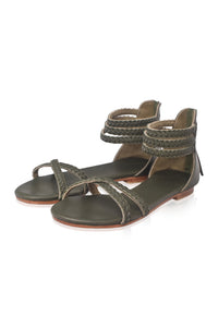 Khaki green braided thong leather sandals, side profile — handmade by Bali ELF