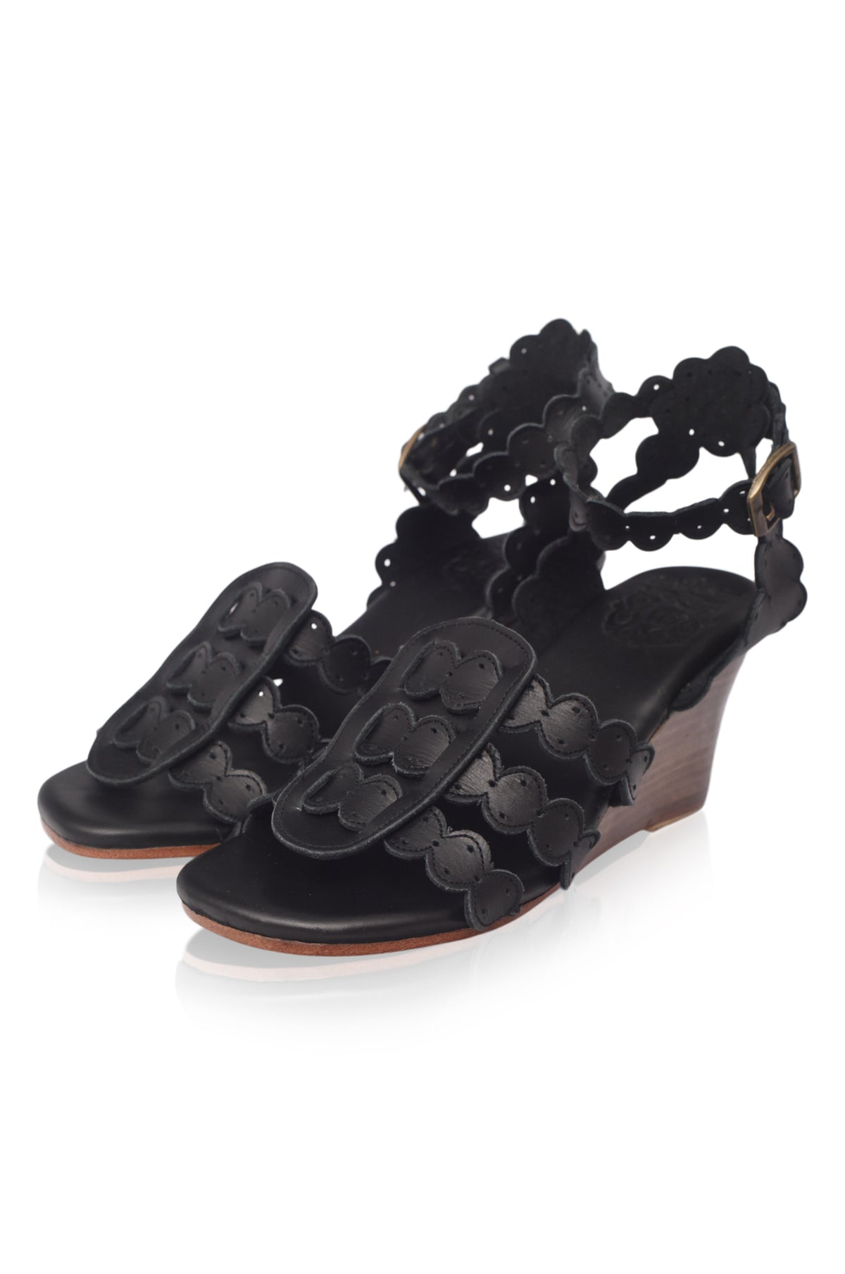 Black Charm Leather Wedge Sandals — handmade by Bali ELF