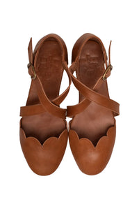 Camel cross-strap leather ballet flats, adjustable ankle strap — handmade by Bali ELF