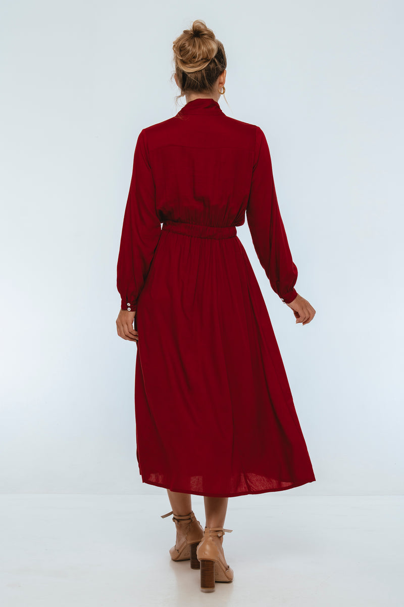 Red dress worn by a person on a white background