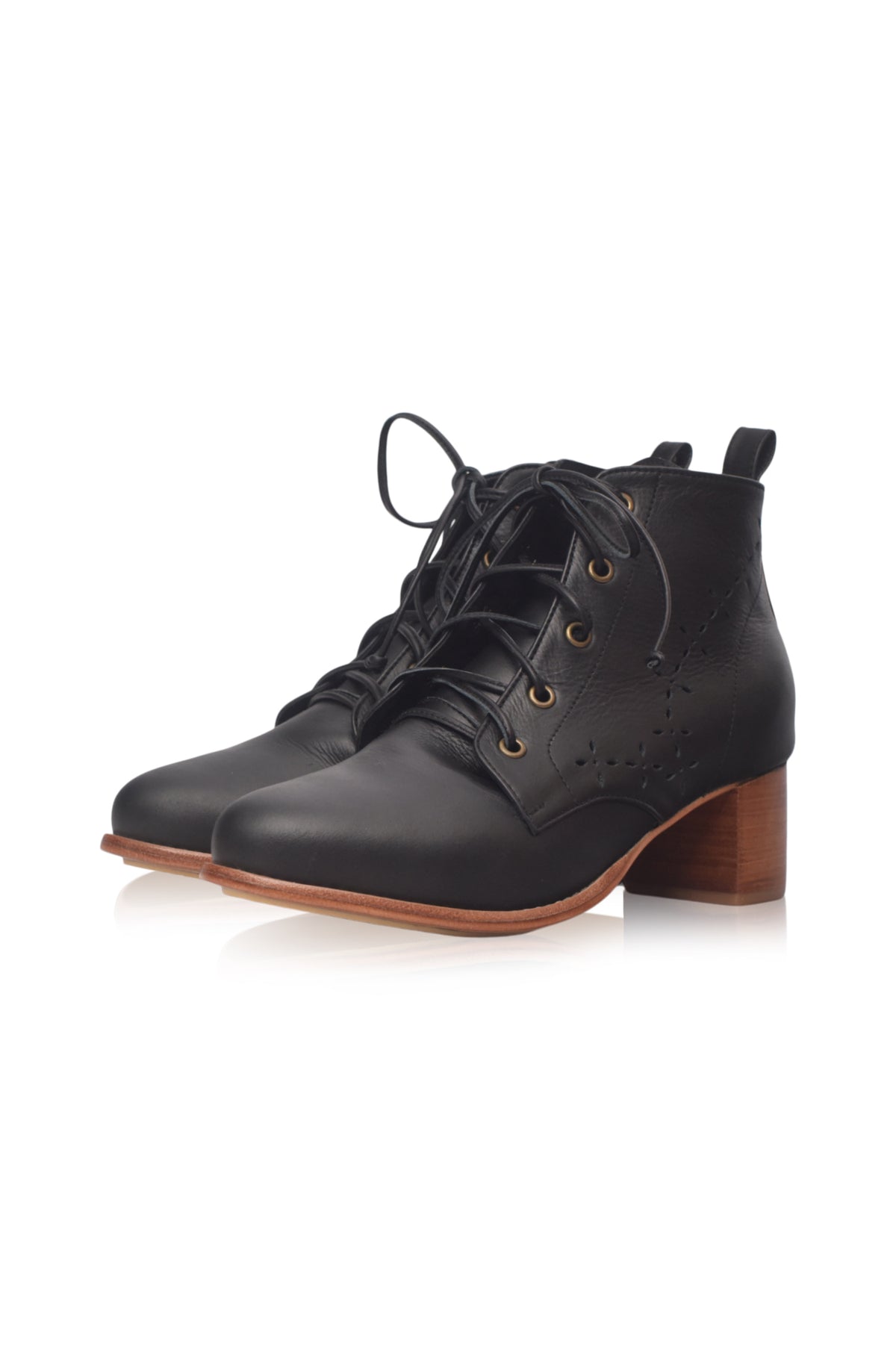 A pair of black leather lace-up ankle boots with a chunky brown block heel and brass eyelets, shown on a clean white background.