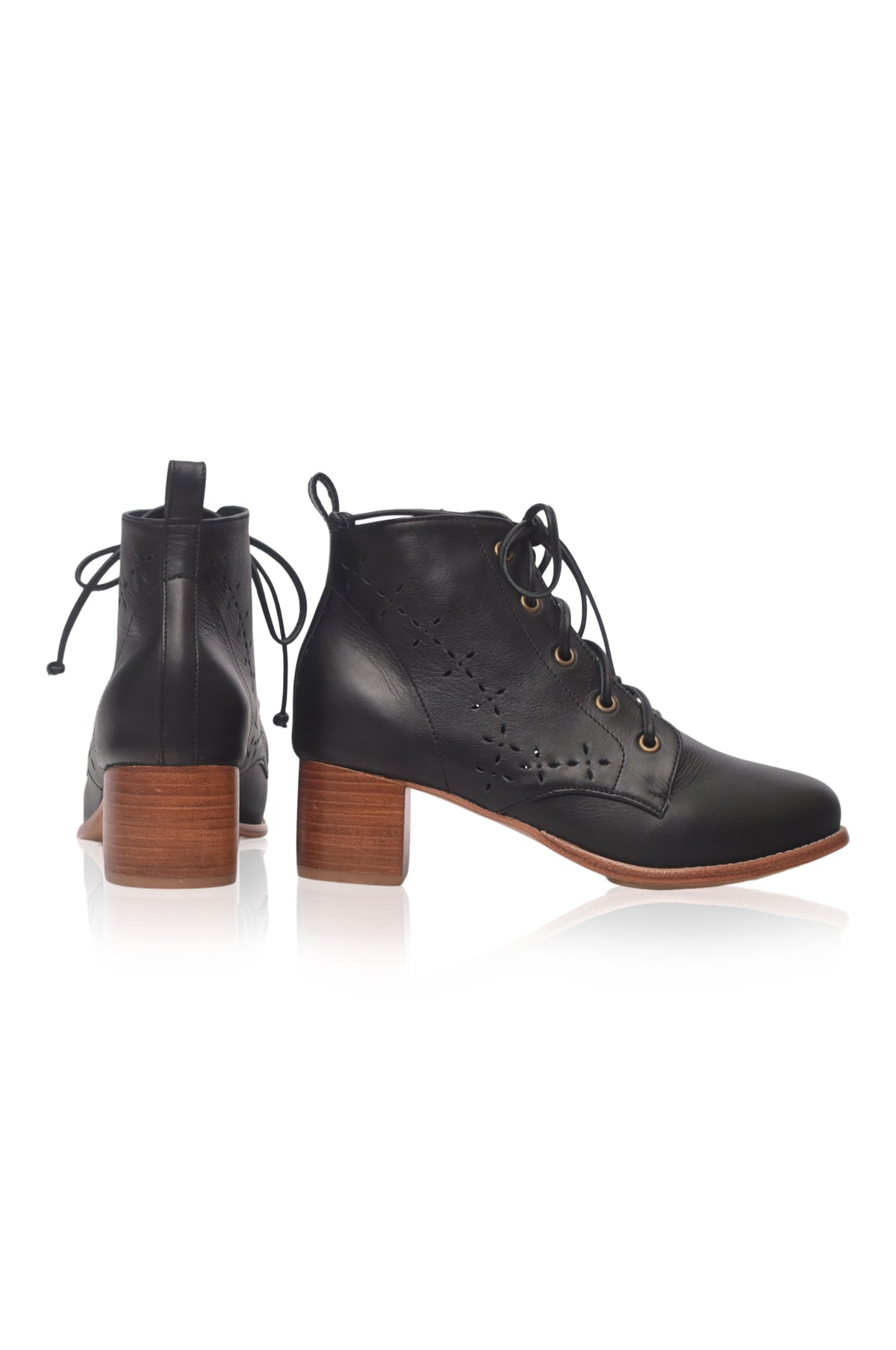 A pair of black leather lace-up ankle boots with a chunky brown block heel, shown from both the side and back angles on a white background.