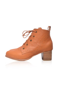 A single tan leather lace-up ankle boot with a stacked wood-look block heel, shown in profile against a white background.