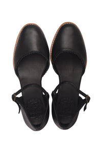 A pair of black leather Mary Jane-style sandals with ankle straps, shown from a top-down view on a white background.