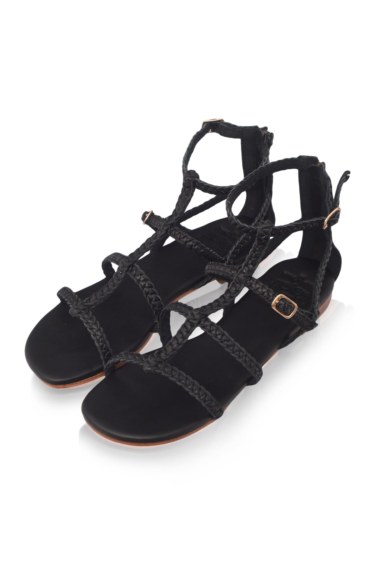 Black gladiator leather sandals, lace-up strap detail — handmade by Bali ELF