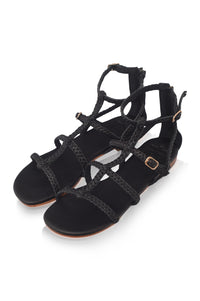 Black gladiator leather sandals, lace-up strap detail — handmade by Bali ELF
