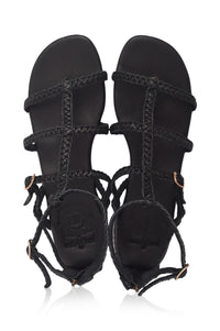 Black gladiator leather sandals, leather sole detail — handmade by Bali ELF