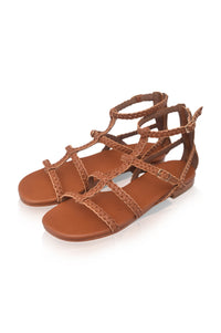 Camel gladiator leather sandals, ankle strap detail — handmade by Bali ELF
