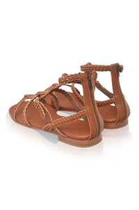 Camel gladiator leather sandals, lace-up strap detail — handmade by Bali ELF