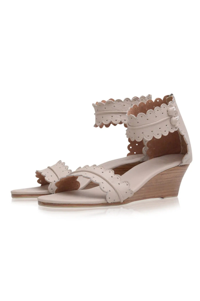 Ivory scalloped leather wedge sandals, with scalloped edges — handmade by Bali ELF