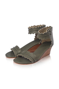 Khaki green scalloped leather wedge sandals, cut-out detail — handmade by Bali ELF