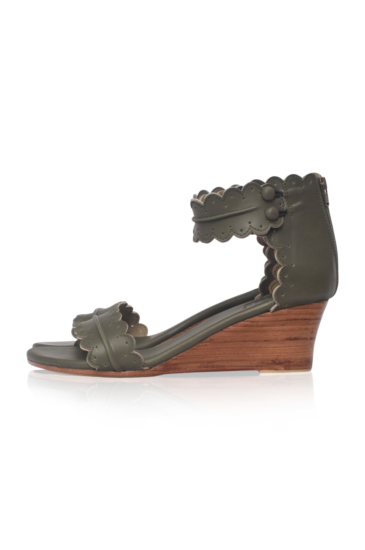 Scalloped leather wedge sandals, on a wooden wedge heel — handmade by Bali ELF