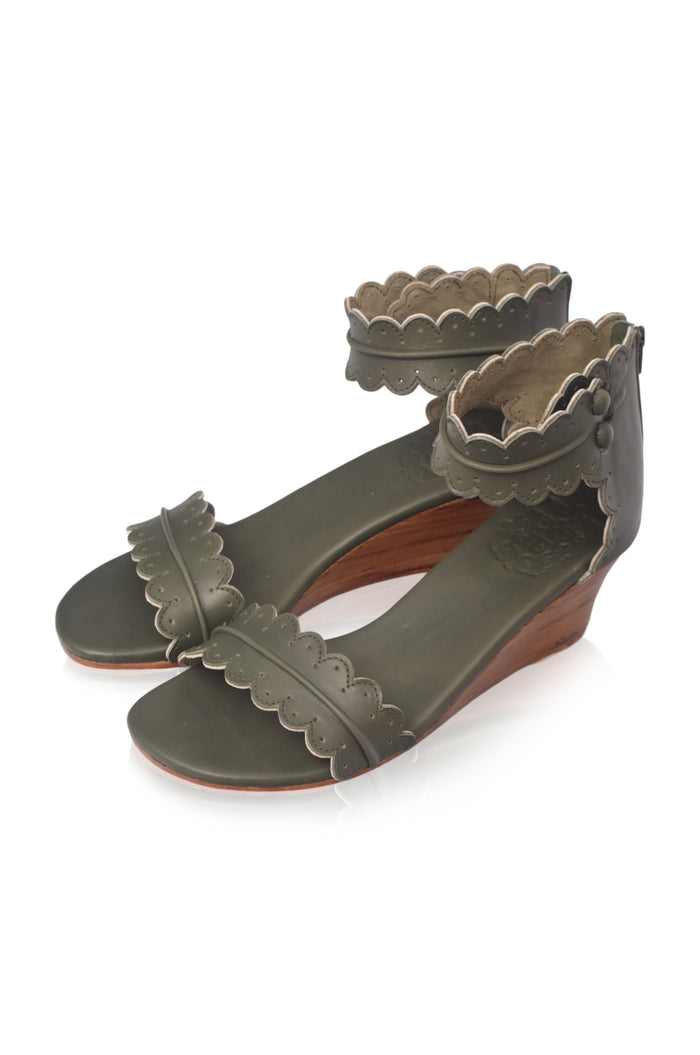 Khaki green scalloped leather wedge sandals, with scalloped edges — handmade by Bali ELF