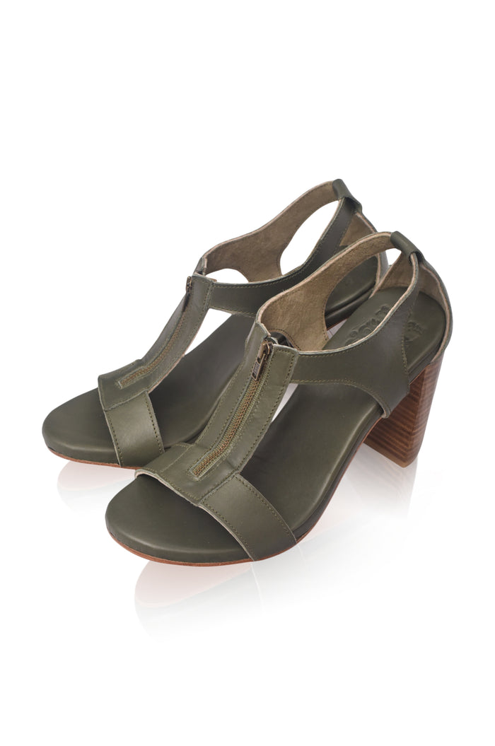 Khaki green block-heel leather sandals, top view — handmade by Bali ELF