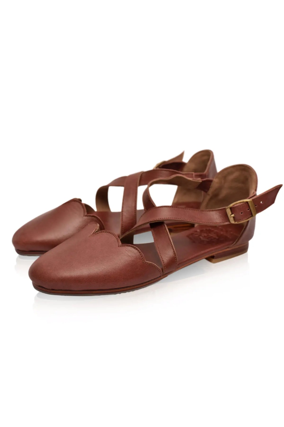 Camel cross-strap leather ballet flats, with scalloped edges — handmade by Bali ELF