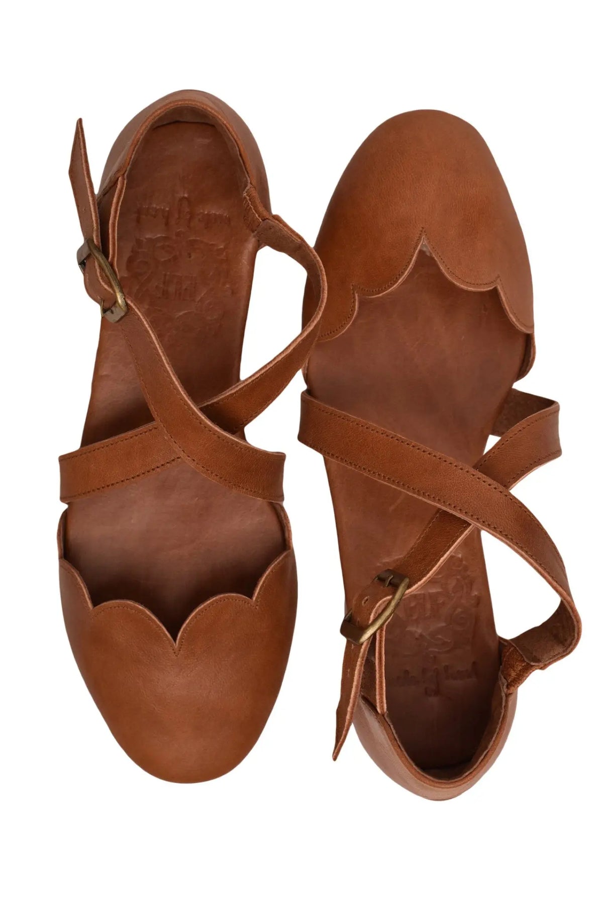 Camel cross-strap leather ballet flats, round-toe silhouette — handmade by Bali ELF
