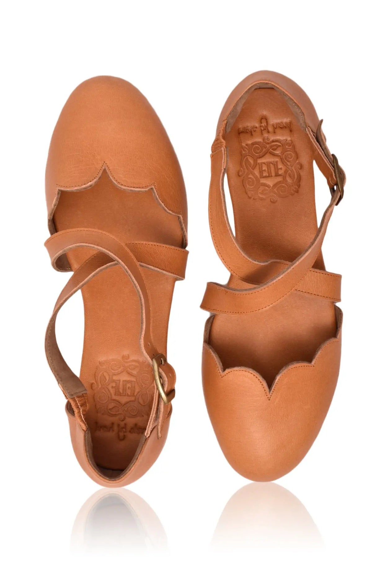 Camel cross-strap leather ballet flats, side profile — handmade by Bali ELF