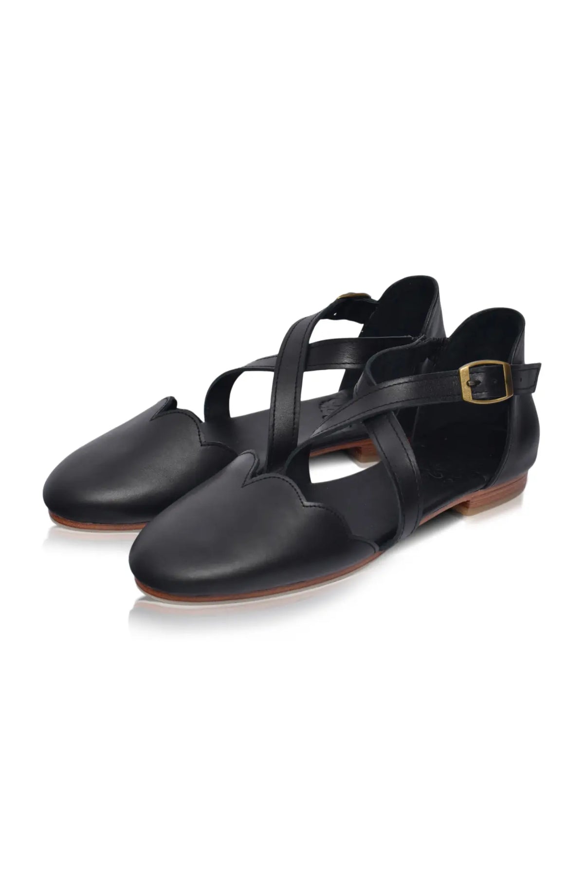 Camel cross-strap leather ballet flats, with cross-over straps — handmade by Bali ELF