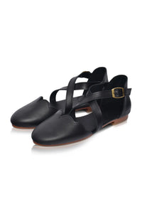 Camel cross-strap leather ballet flats, with cross-over straps — handmade by Bali ELF