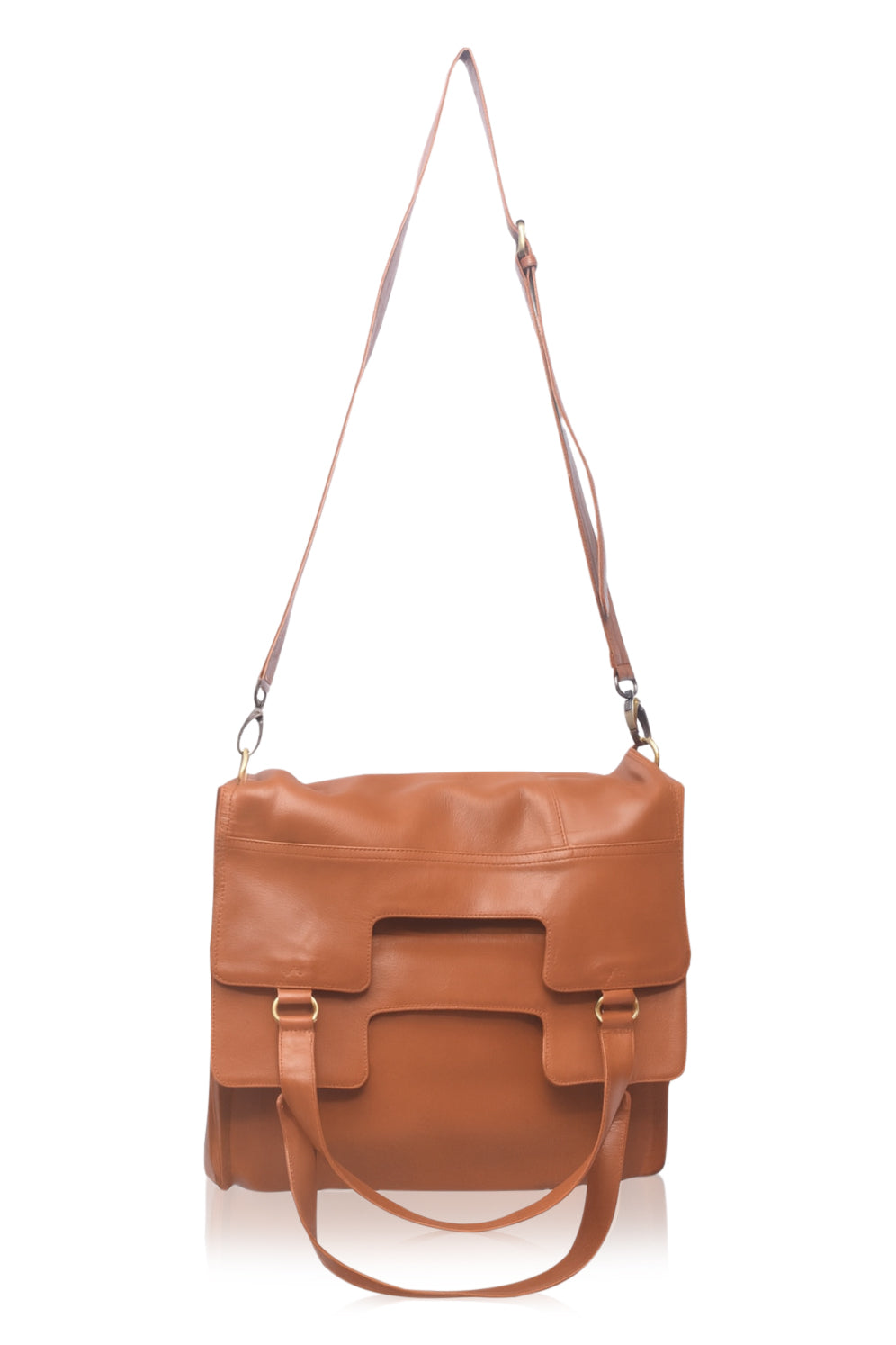Brown leather bag with a strap on a white background