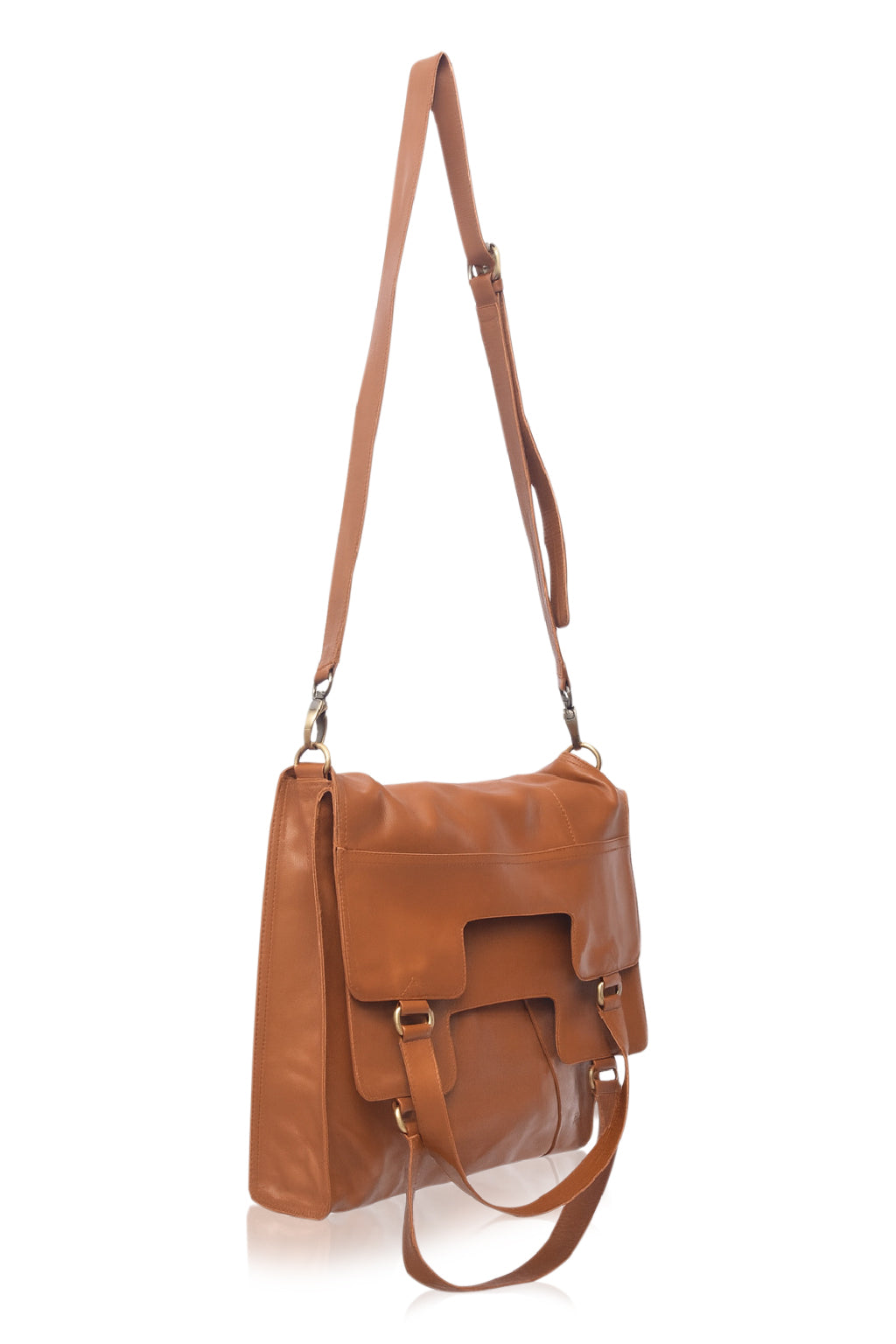 Brown leather handbag with a strap on a white background