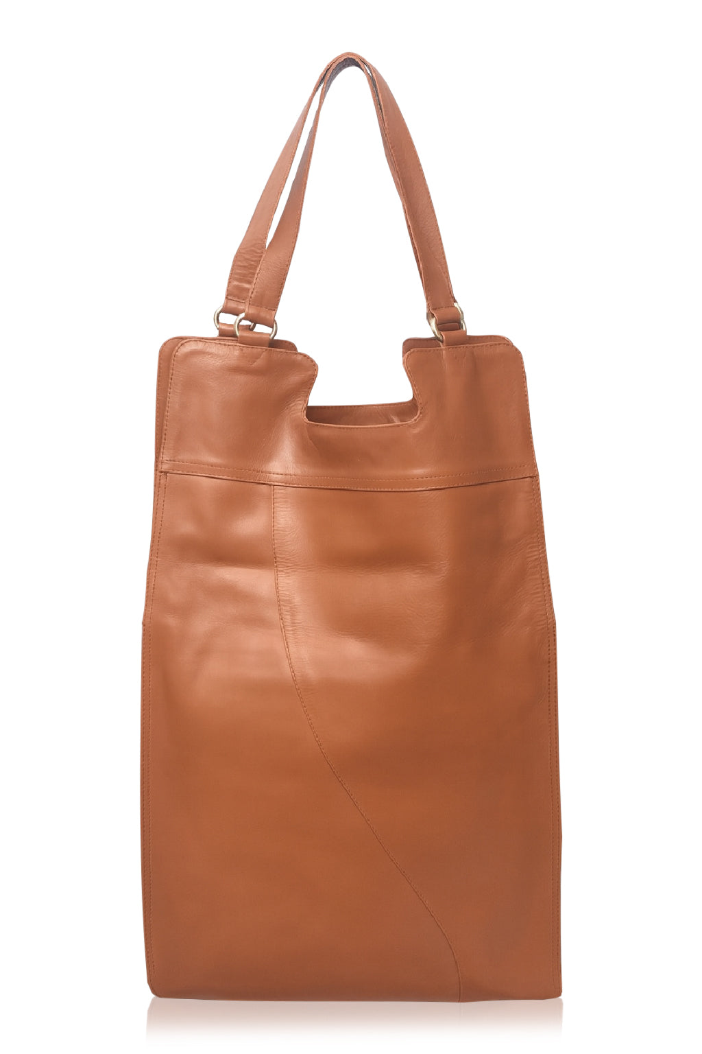 Brown leather tote bag on a white background