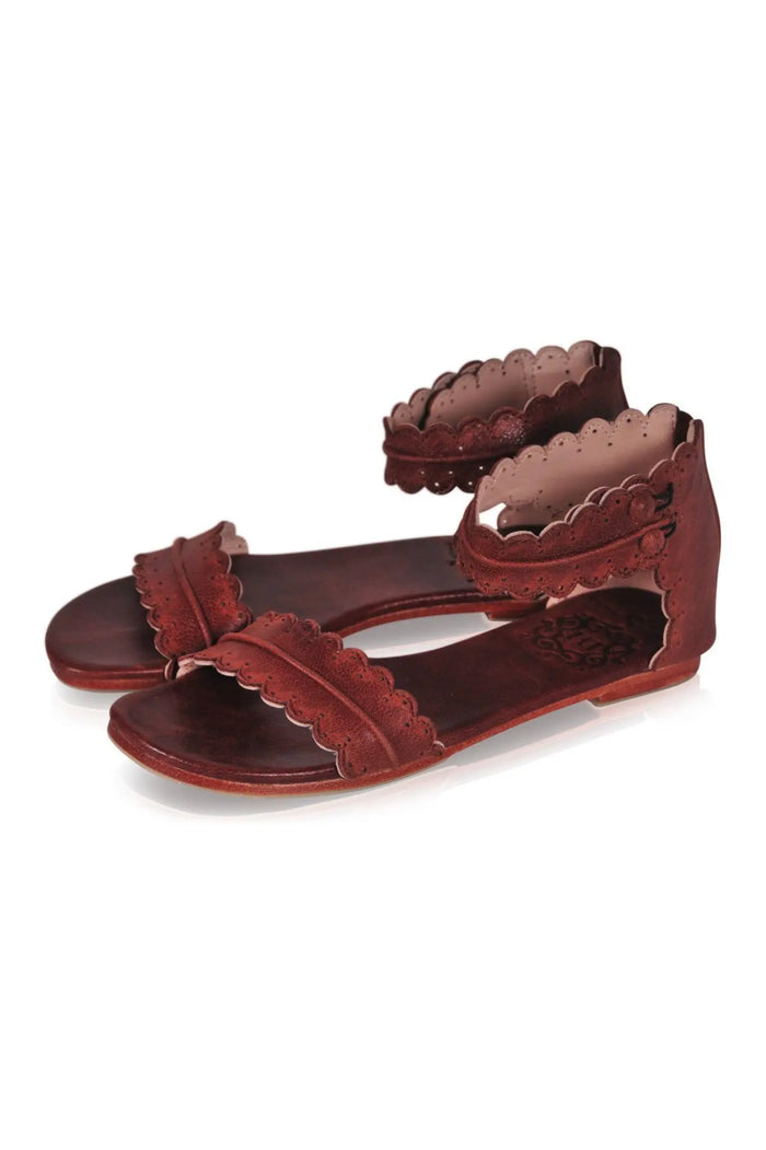 Brown scalloped leather sandals, with scalloped straps — handmade by Bali ELF