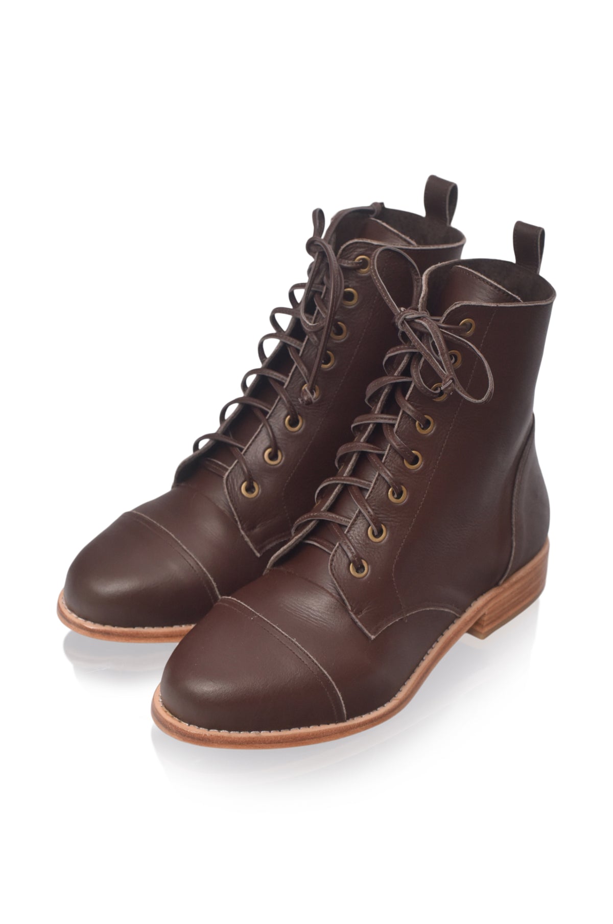 A pair of dark brown leather lace-up ankle boots with a cap toe and a light brown sole, shown on a clean white background.
