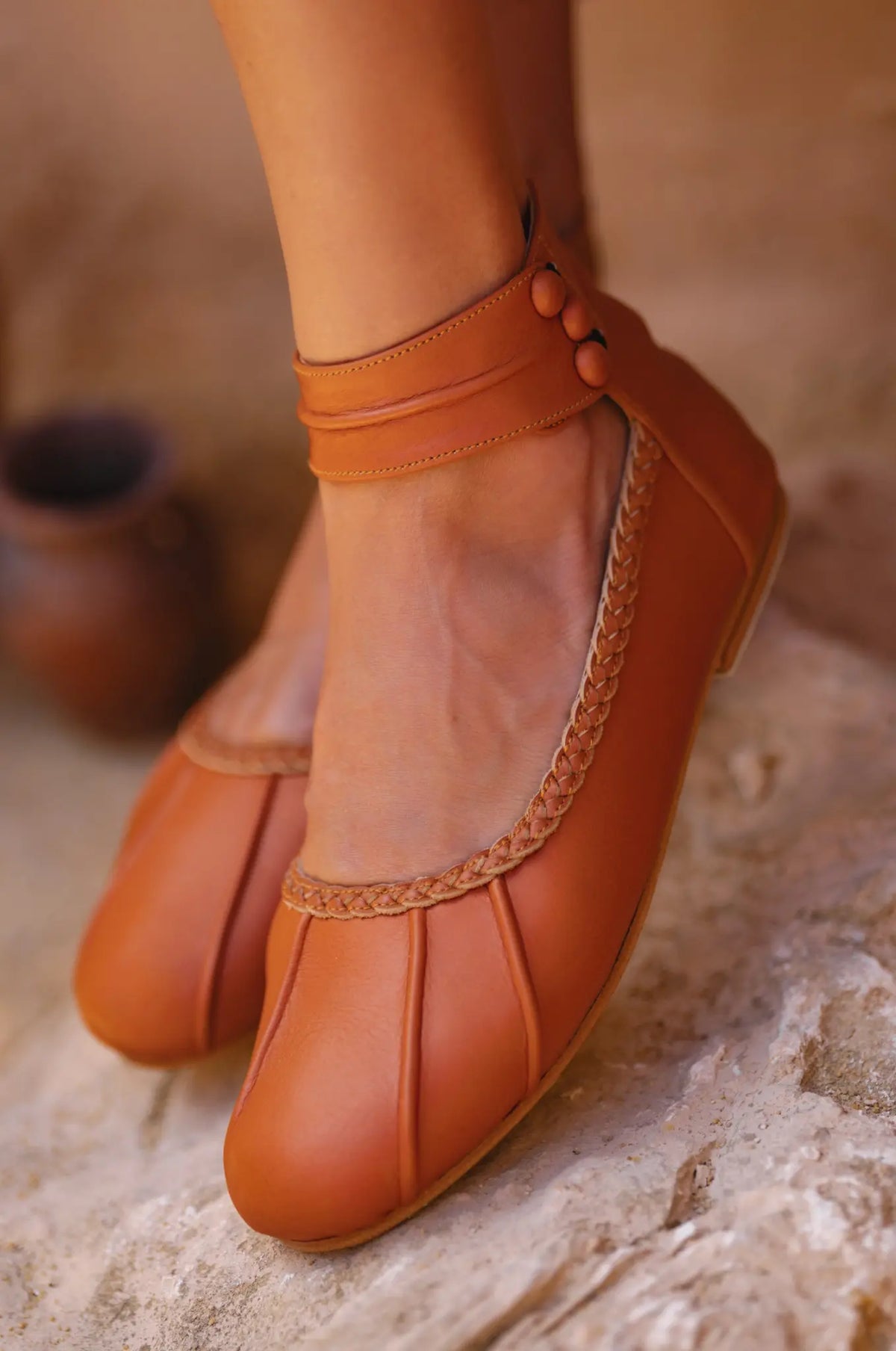 Dark tan ankle-strap leather ballet flats, profile — handmade by Bali ELF