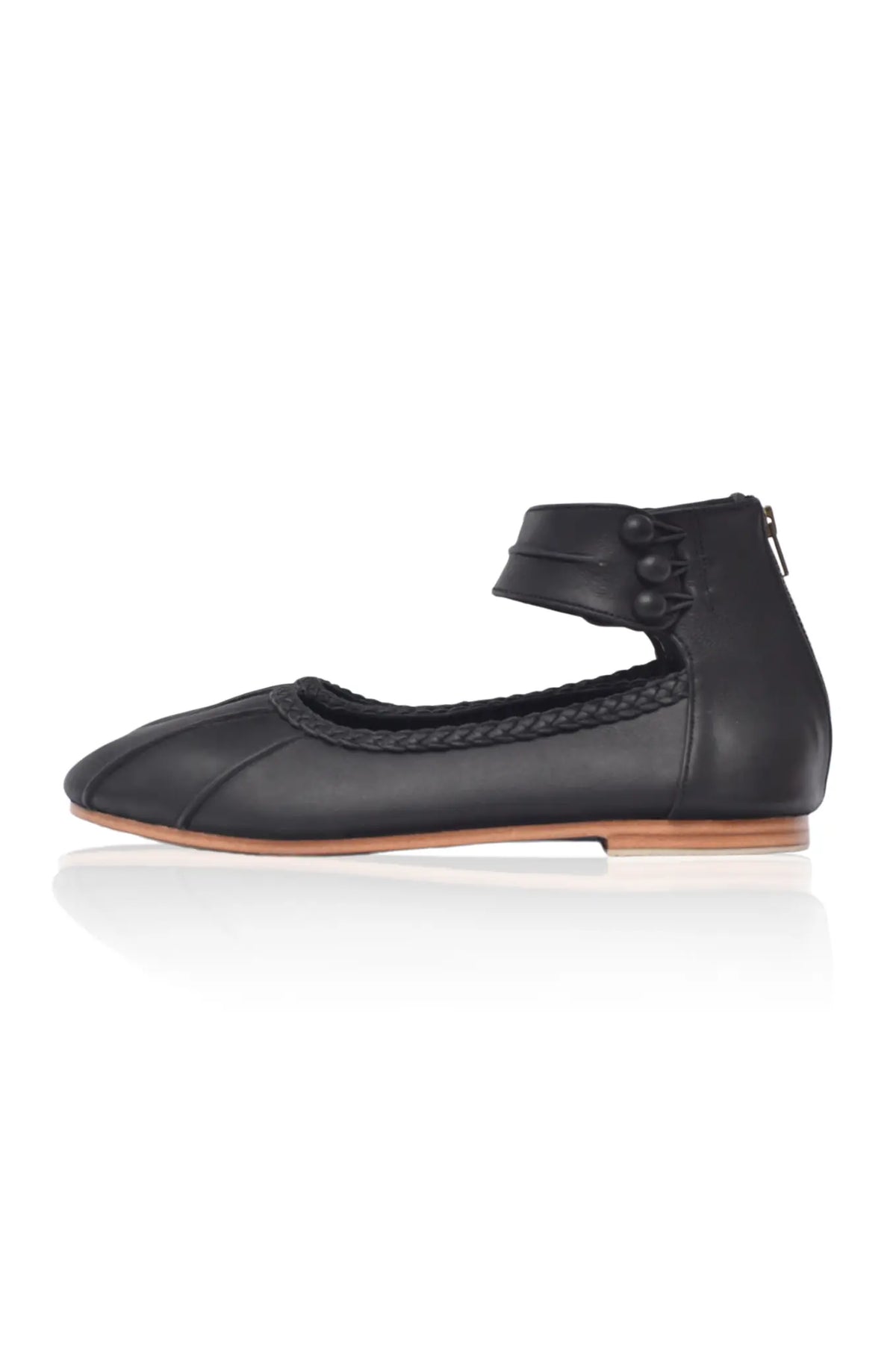 Dark tan ankle-strap leather ballet flats, back view — handmade by Bali ELF