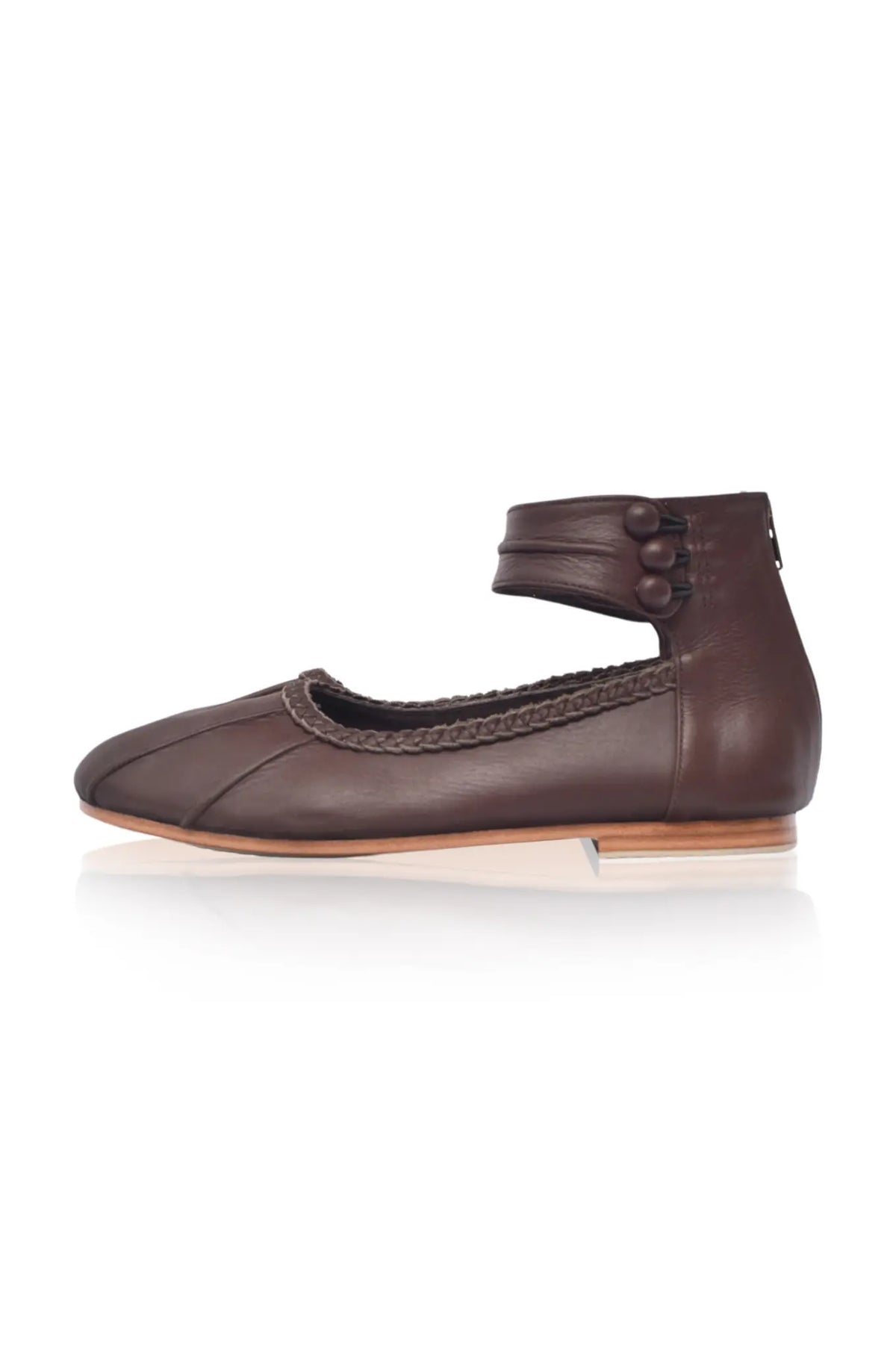 Dark tan ankle-strap leather ballet flats, pair — handmade by Bali ELF