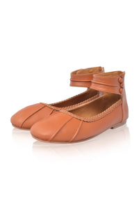 Dark tan ankle-strap leather ballet flats, top view — handmade by Bali ELF