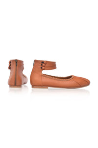 Dark tan ankle-strap leather ballet flats, detail — handmade by Bali ELF