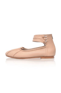 Dark tan ankle-strap leather ballet flats, worn — handmade by Bali ELF