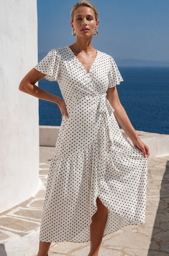 Woman wearing a white dress with black polka dots by the ocean.
