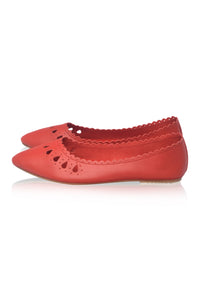 A pair of red pointed-toe flats with scalloped edges and decorative cutout details on the sides, shown against a plain white background.