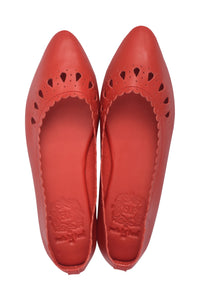 A pair of red pointed-toe flats with decorative cutout detailing along the vamp, shown from a top-down view on a white background.