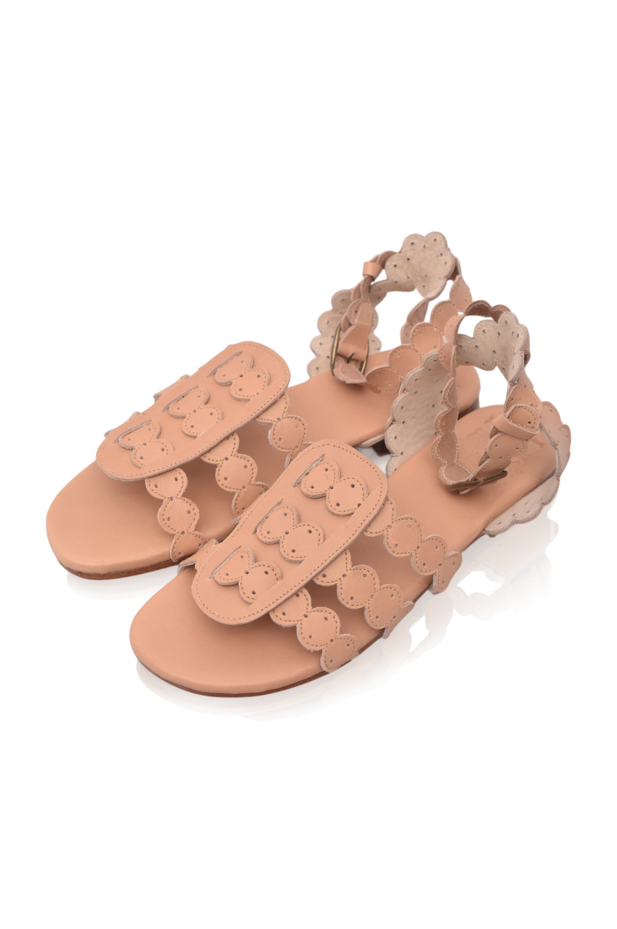 Scalloped leather sandals, side profile — handmade by Bali ELF