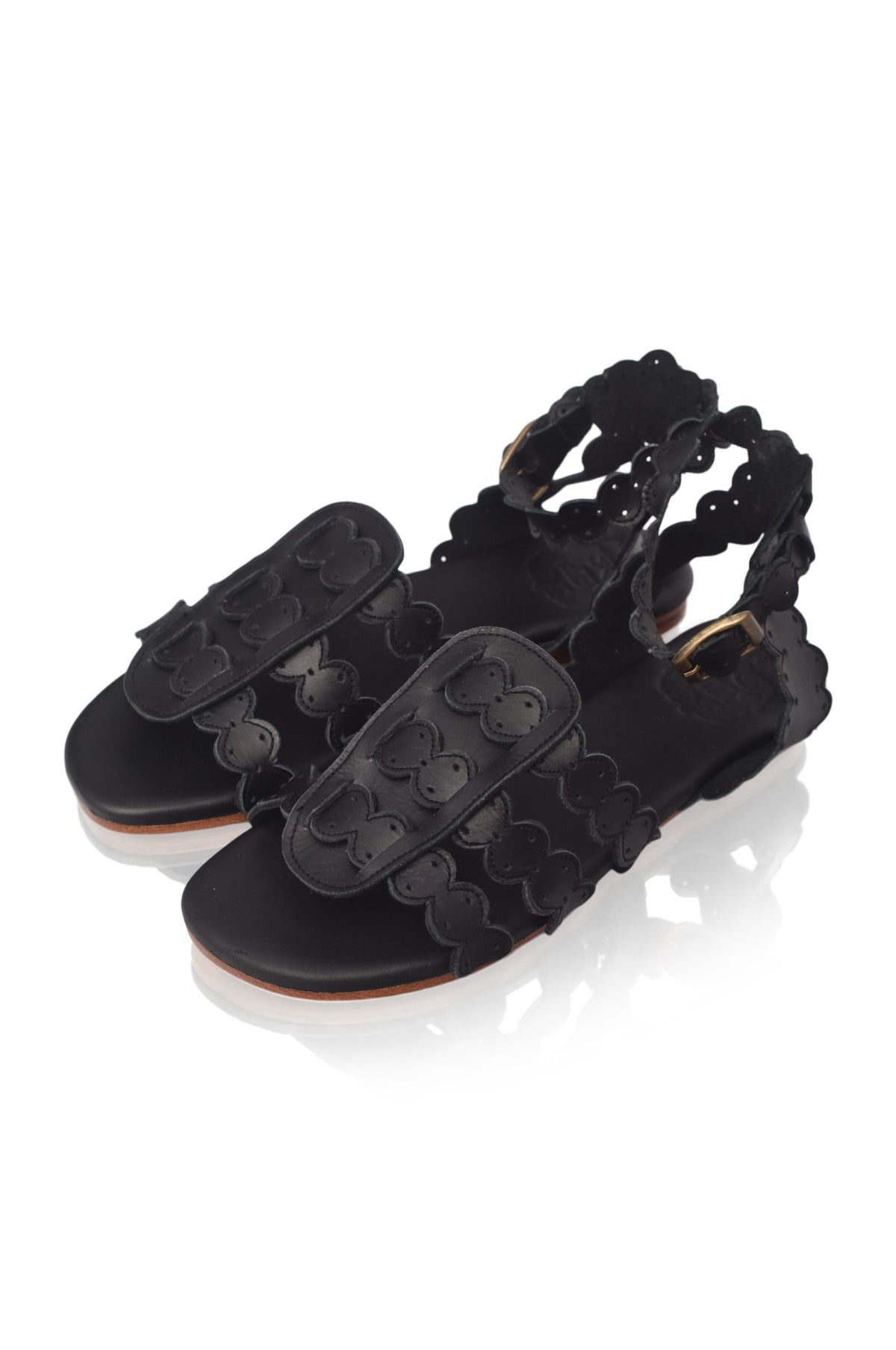 Scalloped leather sandals, scalloped edge detail — handmade by Bali ELF