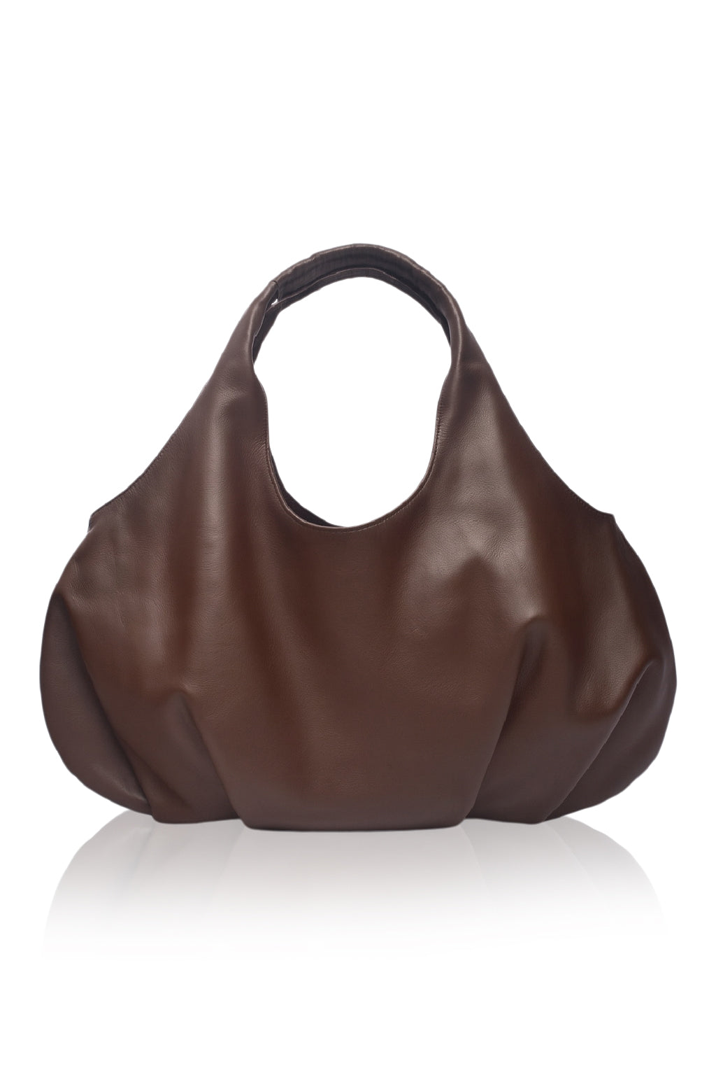 Brown leather handbag on a white background
