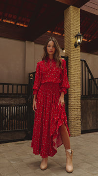Video of White Lotus in Rouge Berry print. Floaty Dress 