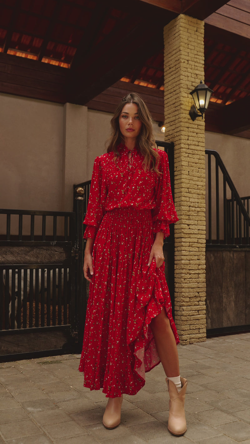 Video of White Lotus in Rouge Berry print. Floaty Dress 