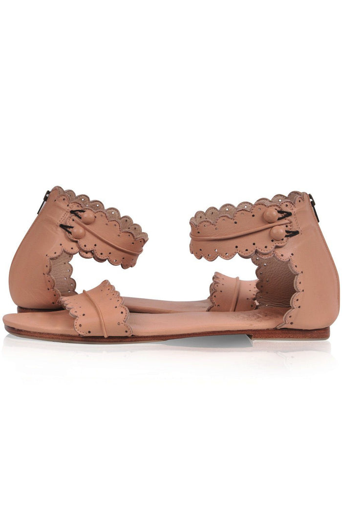 Light tan scalloped leather sandals, ankle strap with back zip — handmade by Bali ELF